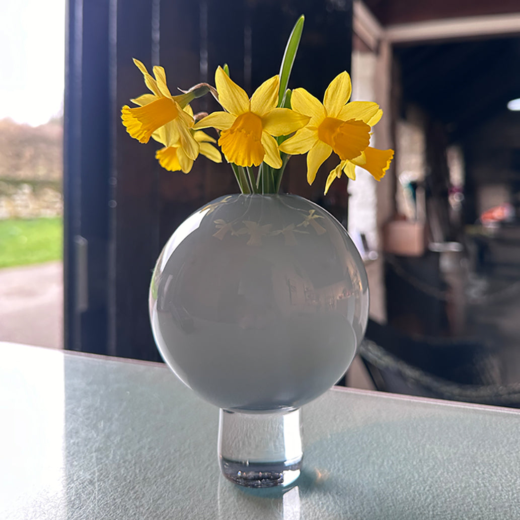 a round grey posey vase with narcissus