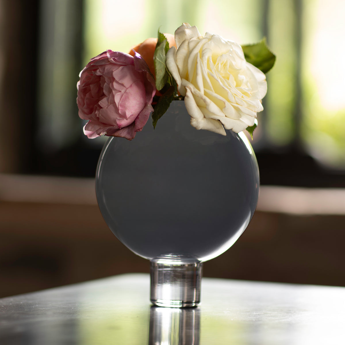 glass grey round posey vase with pink and white roses