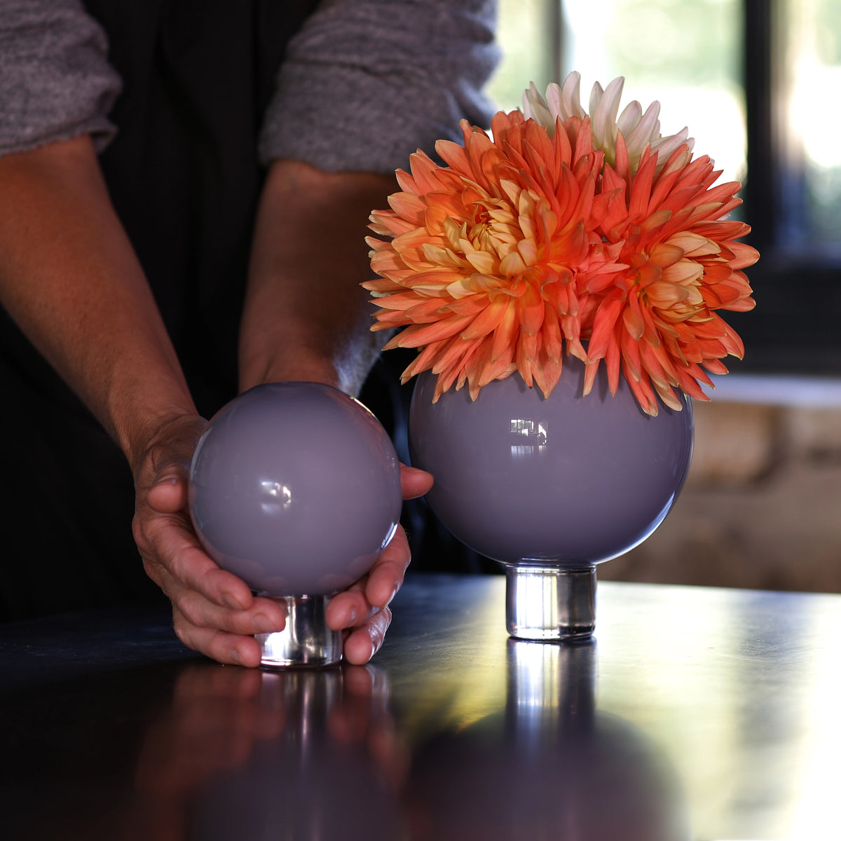 hand blown grey glass round posey vase